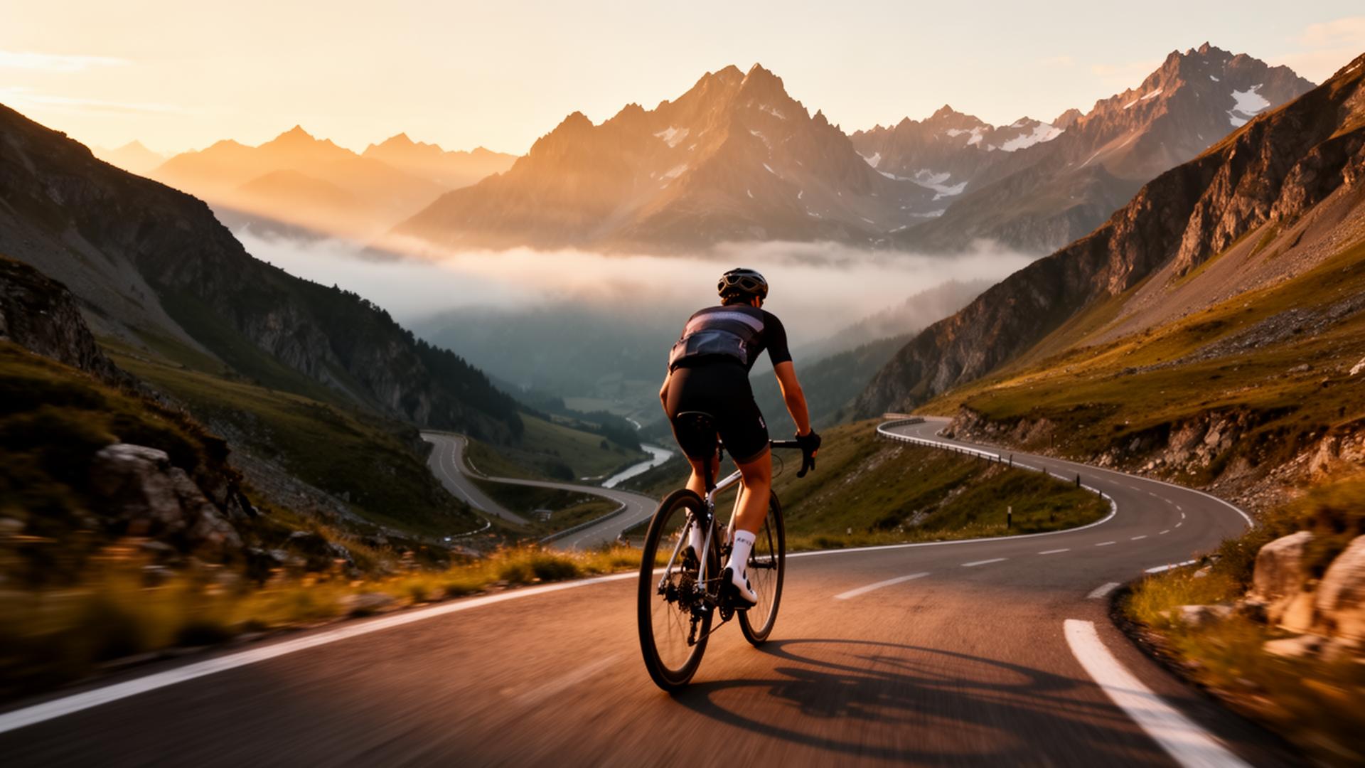 Rennradfahrer auf einem Pyrenäenpass im Morgenlicht